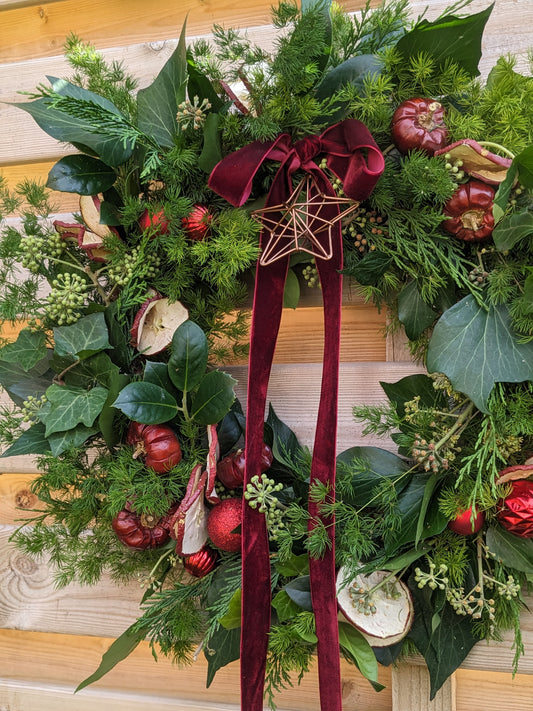 red and green Christmas door wreath