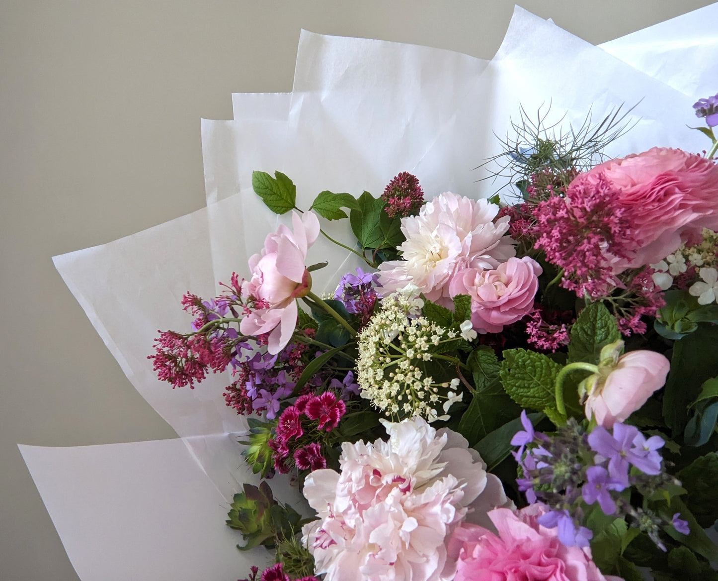 bouquet of spring flowers in pink and purple