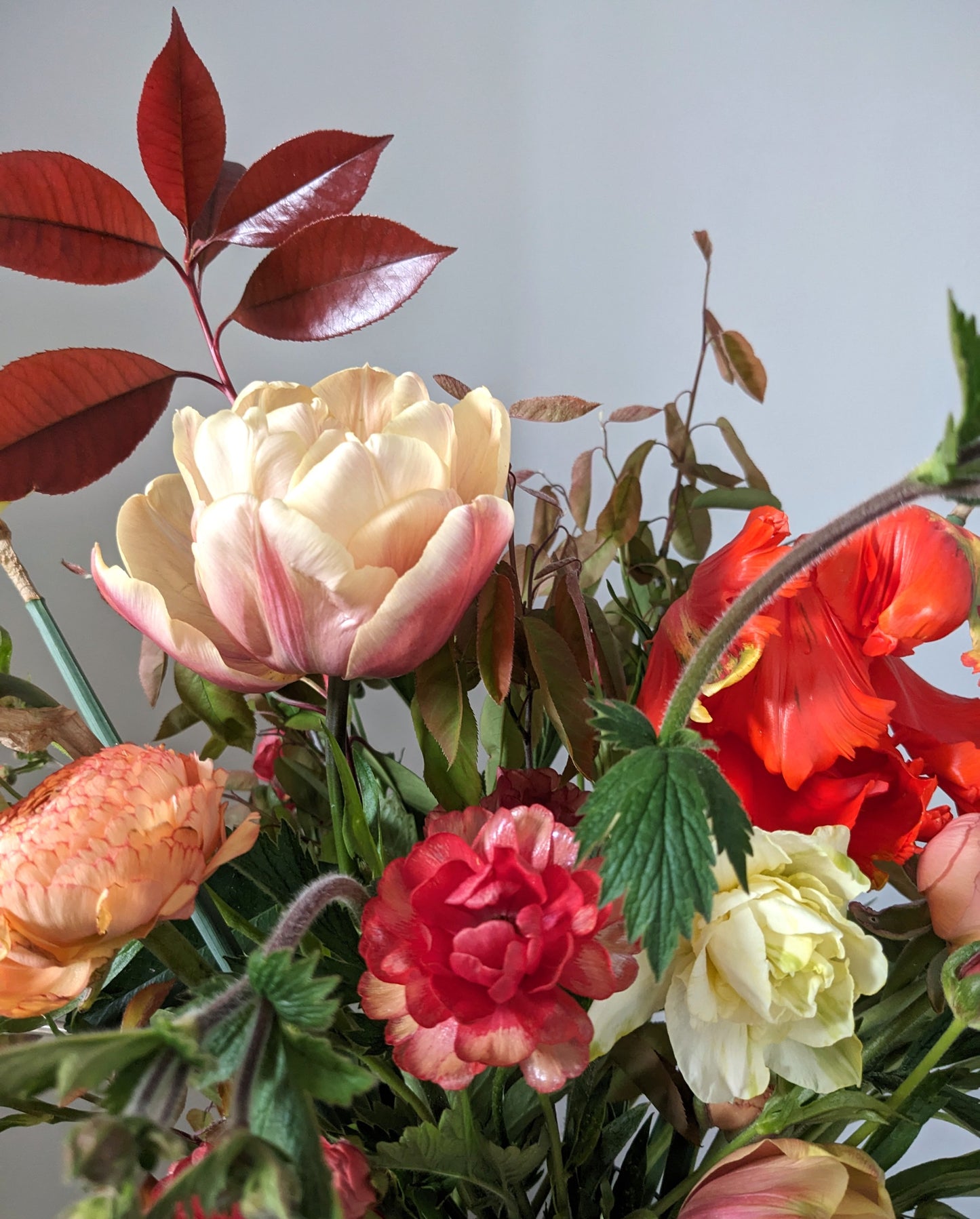 Vase arrangement of British grown flowers and foliage in peach, orange and red